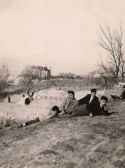 Students of Talas American College, with Wingate Hall visible in the background, circa 1950.