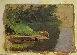 Landscape sketch, for Swimming, oil on cardboard, 4 × 5+3⁄4&nbsp;in (10 × 15&nbsp;cm), 1884