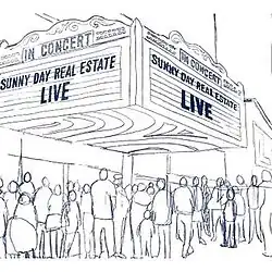 A loose sketch of a crowd standing underneath a marquee advertising a Sunny Day Real Estate show