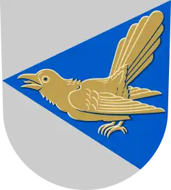 Suomenniemi district (Finland): Argent, on a pile issuant from sinister azure, a cuckoo Or.
