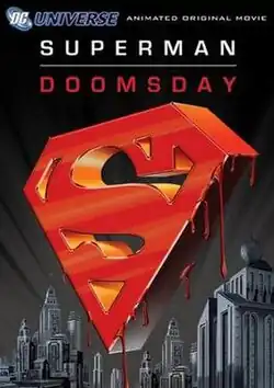 A 3D Superman emblem bleeds in front of a cityscape.