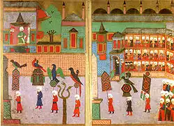 Procession of the guilds in front of the Sultan in the Hippodrome, Ottoman miniature from the Surname-i Vehbi (1582)