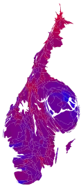 Cartogram of the vote with each municipality rescaled in proportion to the number of valid votes. Deeper blue represents a relative majority for Alliance for Sweden, brighter red represents a relative majority for the Red-Green bloc.