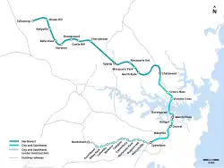 Map of the Sydney Metro network in 2025, consisting of the Northwest line linking Tallawong with Chatswood and the Southwest line linking Chatswood with Bankstown via the Sydney CBD and Sydenham.