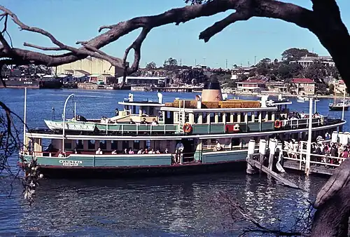 At Valentia Street Wharf in her Sydney Harbour Transport Board colours.