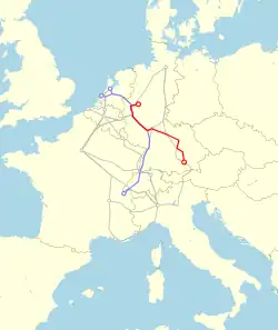 Map showing the route of the TEE Rheinpfeil in red, and the TEE Rheingold in blue, as of 1965.