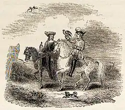 Whimsical tail-piece of mediaeval lady and gentleman on horseback with falcons