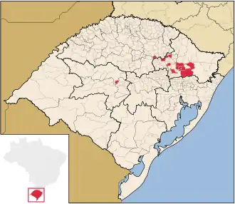 Municipalities in which Talian is co-official in Rio Grande do Sul, Brazil, highlighted in red: Bento Gonçalves, Caxias do Sul, Flores da Cunha, Nova Roma do Sul, and Serafina Corrêa.
