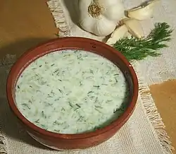 Tarator is a cold soup made of yogurt, minced cucumber, dill, garlic, and sunflower or olive oil.