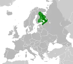 Range map approximately highlighting eastern Finland, Karelia and Leningrad Oblast