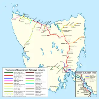 Map of the Tasmanian Government Railways, showing all lines operated between 1890 and 1978.