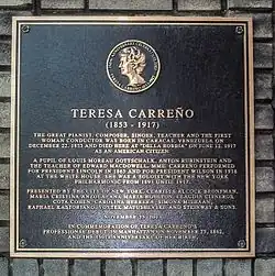 Plaque commemorating Teresa Carreño at the place of her death. New York City