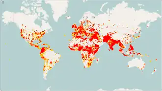 Terrorist incidents, 1970–2015. A total of 157,520 incidents are plotted. Orange: 1970–1999, Red: 2000–2015