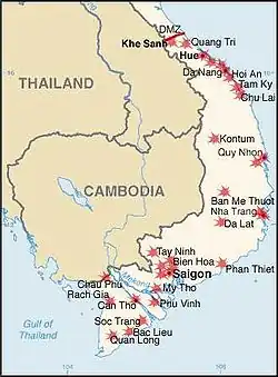 Map of South Vietnam detailing major Viet Cong targets during the 1968 Tet Offensive