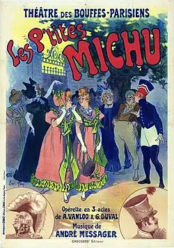 Theatre poster showing brightly-dressed and jovial men and women at a garden party
