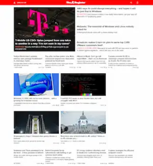 Screenshot of The Register website showing various content
