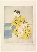 Mary Cassatt's 1890-91 drypoint etching and aquatint The Bath, 43.2&nbsp;cm ×&nbsp;30&nbsp;cm (17.0&nbsp;in ×&nbsp;11.8&nbsp;in), Metropolitan Museum of Art