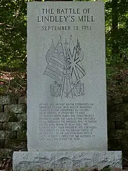 The primary memorial stone about five minutes' walk from present-day Lindley Mills.