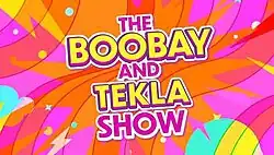 The show title is displayed on the center of the image, over a background with pink and orange stripes.