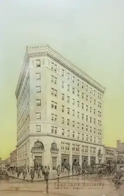An illustration of the Flat Iron Building in Asheville, North Carolina, based on architectural designs by Albert C. Wirth in 1925.