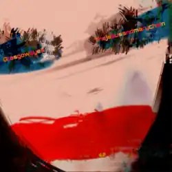 An abstracted painting of a human face with a smeared stripe of red for the mouth and blobs of dark blue for the eyes.