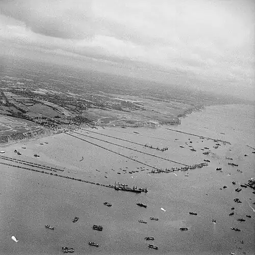 Aerial view of the Mulberry harbour in September 1944