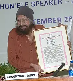 Khushwant Singh receiving the National Amity Award, in New Delhi on September 26, 2008