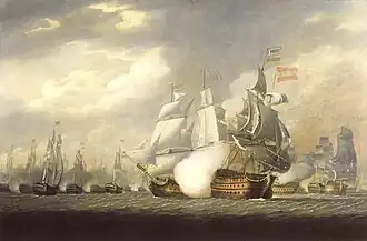 Salvador del Mundo receiving raking fire from HMS Victory by Robert Cleveley