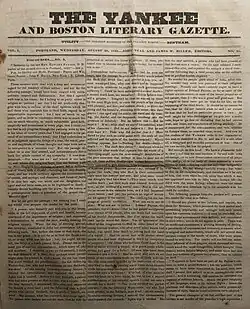 Stained white paper with words printed in three columns in blank ink below the magazine title and motto