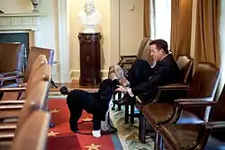 Bo in the Cabinet Room (shown with Oval Office director Brian Mosteller)