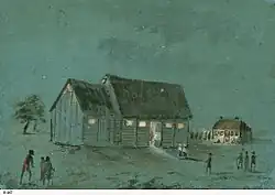 Gouache sketch on coloured board of the Reverend T. Q. Stow's temporary Congregational Chapel (seen at night) on North Terrace, Adelaide, built in 1837.