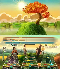 Two virtual color images. The top shows a single leafy tree on an exaggerated hillside, individual curly blades of grass cover it, against a distant image of hills and mountains along with a yellow-orange tinted sunny sky. The bottom image shows elements of the top image incorporated with the Rock Band gameplay elements overlaying it.