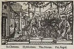 A woodcut of three men outdoors with another man walking towards them.