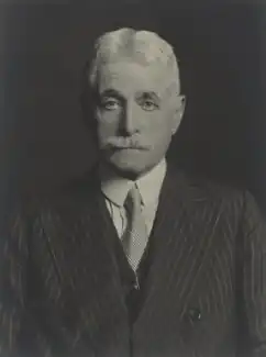 Portrait of a man in early old age, with white hair and a moustache, wearing a formal pinstriped suit.