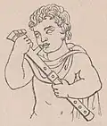 Tibia obliqua (πλαγίαυλος). Reeds inserted on side of pipe like bassoon.[9][10] Illustration from a bas-relief in the Vatican.[2]