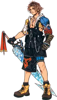 An illustration of a fictional character. He is a blond teenager wearing a uniform consisting of black gloves, black pants and yellow shoes, as well as a right yellow shoulder and a blue one on the left. He also wields a light blue long sword with his right hand.