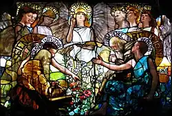 Image 7The center third of Education (1890), a stained glass window by Louis Comfort Tiffany and Tiffany Studios, located in Linsly-Chittenden Hall at Yale University. It depicts Science (personified by Devotion, Labor, Truth, Research and Intuition) and Religion (personified by Purity, Faith, Hope, Reverence and Inspiration) in harmony, presided over by the central personification of "Light·Love·Life".