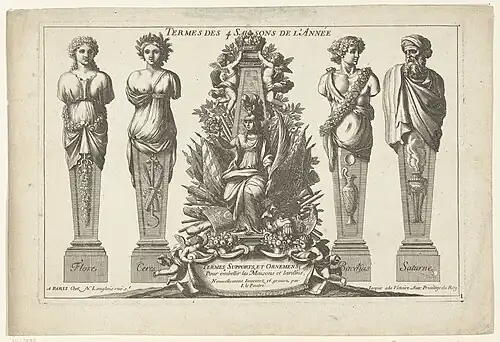Baroque designs of caryatids (left) and atlantes (right), each symbolizing a season of the year, by Jean Le Pautre, c.1670–1680, etching on paper