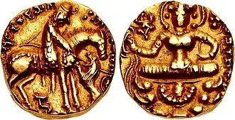 A gold coin of contemporary Alchon Huns king Toramana with Lakshmi on the reverse (circa 490-515), inspired from contemporary Gupta coins, such as those of Narasimhagupta Baladitya.[14][15]