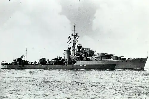 HNLMS Tjerk Hiddes, a British built N-class destroyer, laid down on 22 May 1940 and transferred to the Royal Netherlands Navy