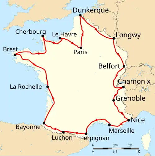Map of France with the route of the 1911 Tour de France on it, showing that the race started in Paris, went clockwise through France and ended in Paris after fifteen stages.
