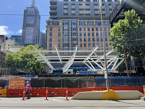 Town Hall station Collins Street entrance under construction, 2024.