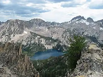 A photo of Snowyside Peak and Toxaway Lake from Sand Mountain Pass.