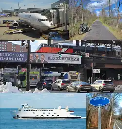 Left-to-right, top-to-bottom: airplane at Bradley International Airport; bike trail in Suffield; Hartford Line train, private cars, and CT Transit buses in Hartford; ferry in Bridgeport; trailhead in Bethany