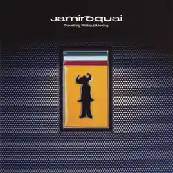 The album cover of Travelling Without Moving, consisting of a close-up of a yellow emblem with green, white and red stripes above it, resembling the logo of luxury car manufacturer Ferrari S.p.A., on a metal screen mesh. A silhouette man with buffalo horns is imprinted on it, a character that is displayed on all early Jamiroquai album covers, up to A Funk Odyssey, where it appears to fall into disuse. The band name and album title are displayed on top.