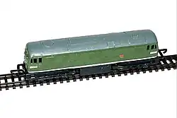 Treble-0-Lectric Derby Sulzer D5000 British Rail Class 24 on Arnold N-gauge track. Exterior view.