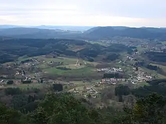 Panorama of the three valleys of Taintrux and the blue Vosges