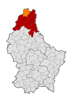 Map of Luxembourg with Troisvierges highlighted in orange, and the canton in dark red