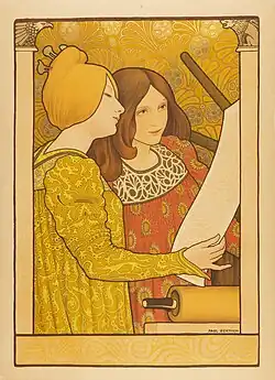 Lithograph depicting two girls, one blonde in yellow and one brunette in red, by a printing press reviewing a print.