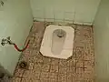 Typical toilet in urban Syria: Flush toilet squatting pan with hose on the left for anal cleansing.